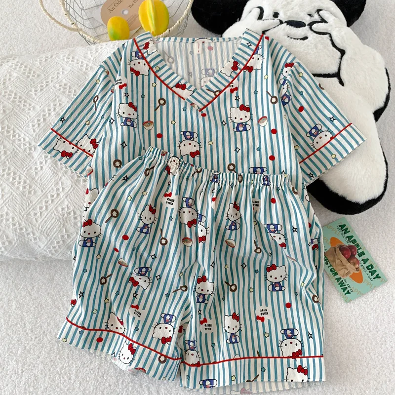 

Fashion Casual Home Cute Cartoon KT Short-Sleeved Shorts Two-Piece Suit for Sanrio Hello Kittys Kawaii Cartoon Pajamas Gift