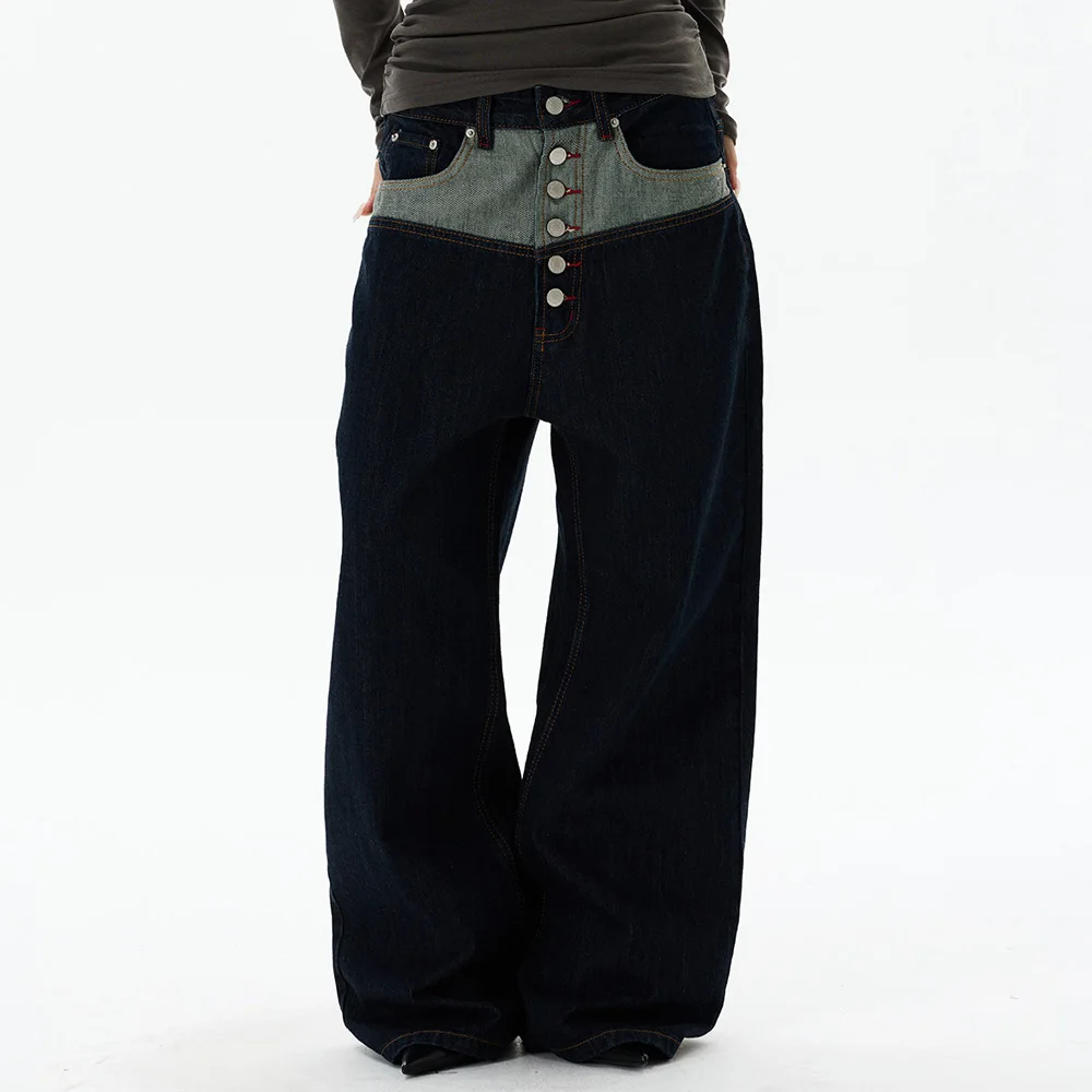 American Retro Splice Breasted Jeans Men Women Streetwear Fashion Hip Hop Loose Casual Wide Leg Baggy Jeans Denim Pants