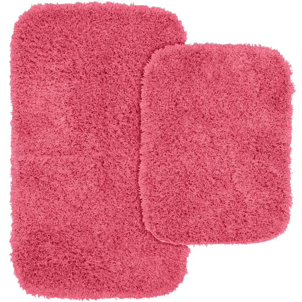 Plush Nylon Bathroom Rug Set Non-Slip Washable Solid Pink 2 Pieces