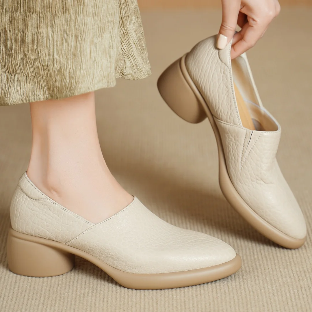 

danxuefei 2026 spring new women's sheepskin round toe slip-on loafers 5cm round med heel casual female daily OL style shoes sale