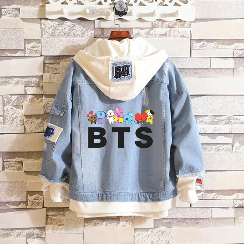 Kawaii BT21 Anime Peripherals Tata Rj Chimmy Cooky Shooky Mang Koya Cartoon Casual Hooded Denim Jacket