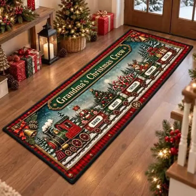 VIKAMA Christmas Train Runner Rug, 2027 Merry Christmas Home Decor, Vintage Steam Train Tree Bells Pine Long Carpet Mat