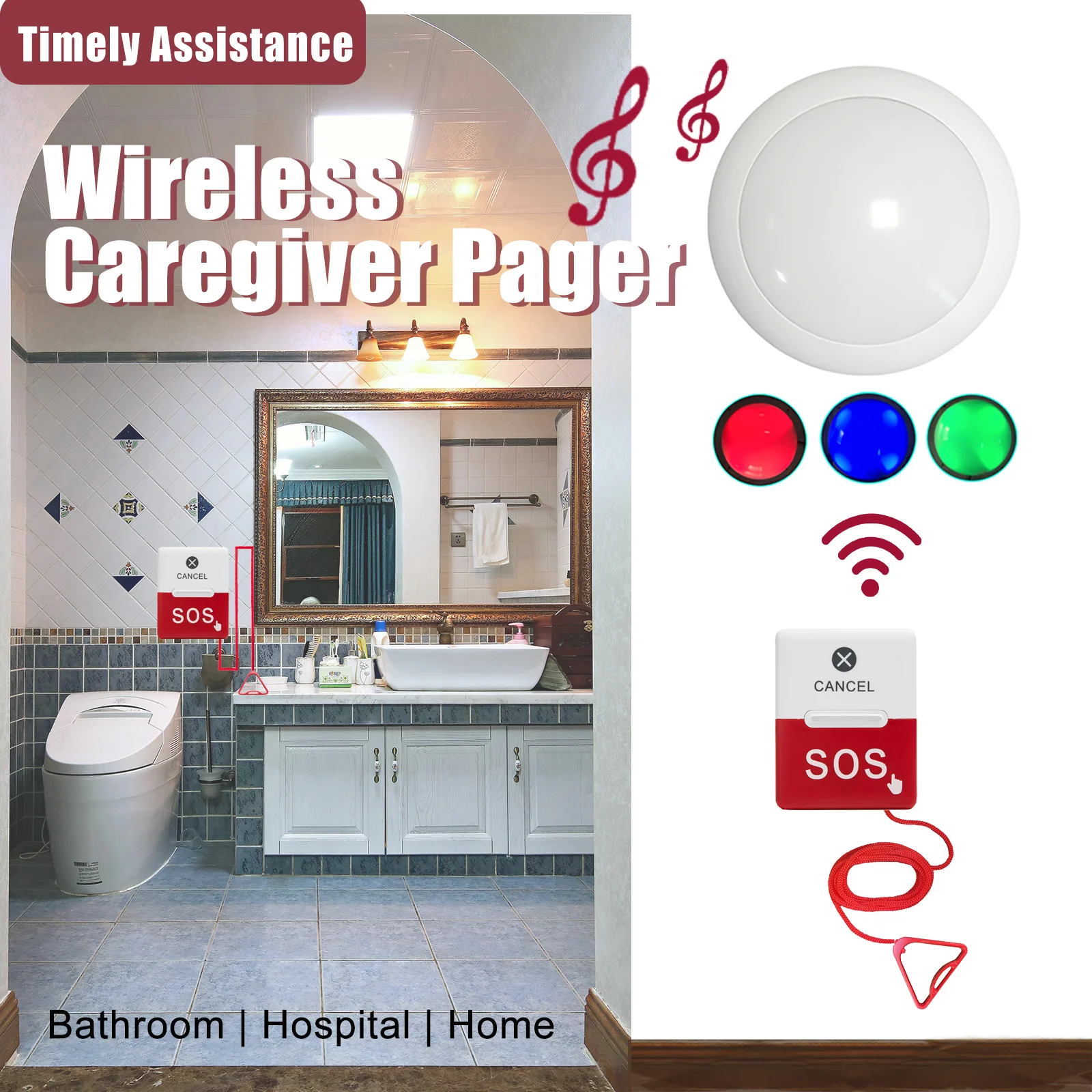 Hospital Nurse Call System with SOS Emergency Button & Flashing Warning Light - Patient Call Alert Device for Bedside, Clinic