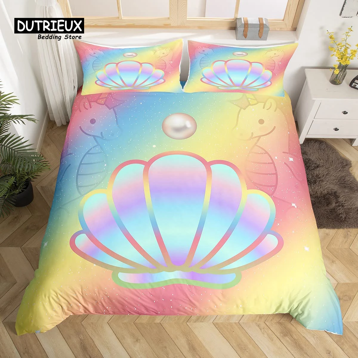 Rainbow Conch Duvet Cover Set Colorful Rainbow Bedding Set For Kids Girls Microfiber Multicolor Comforter Cover Twin King Size