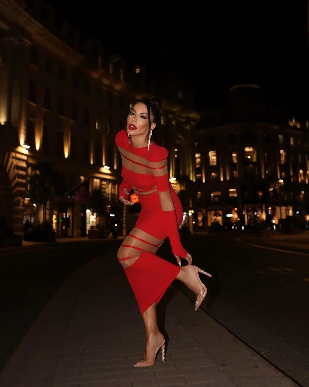 Red Black White Color Women Long Sleeve Sexy Mesh Bodycon Long Dress Nightclub Party Fashion High Street Photo Shoot Dress