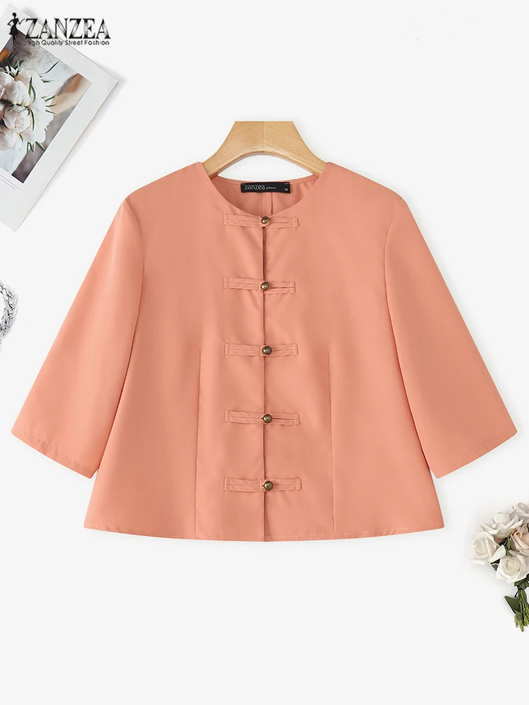 

Женские повседневные винтажные рубашки ZANZEA 2025, осенние короткие блузки с круглым вырезом и половиной рукава на пуговицах в виде лягушки, однотонная женская одежда, 3 цвета