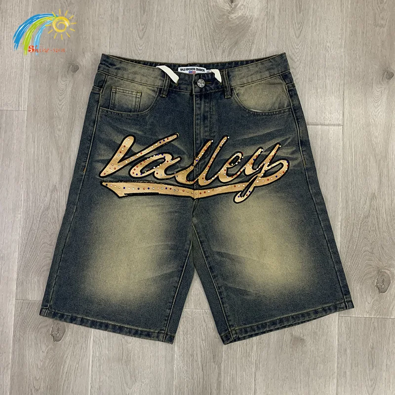 Best Quality Letters Logo Embroidery VALLEY Denim Shorts Men Women Couple Casual Flash Diamond Blue Vale Jean Breeches Tag