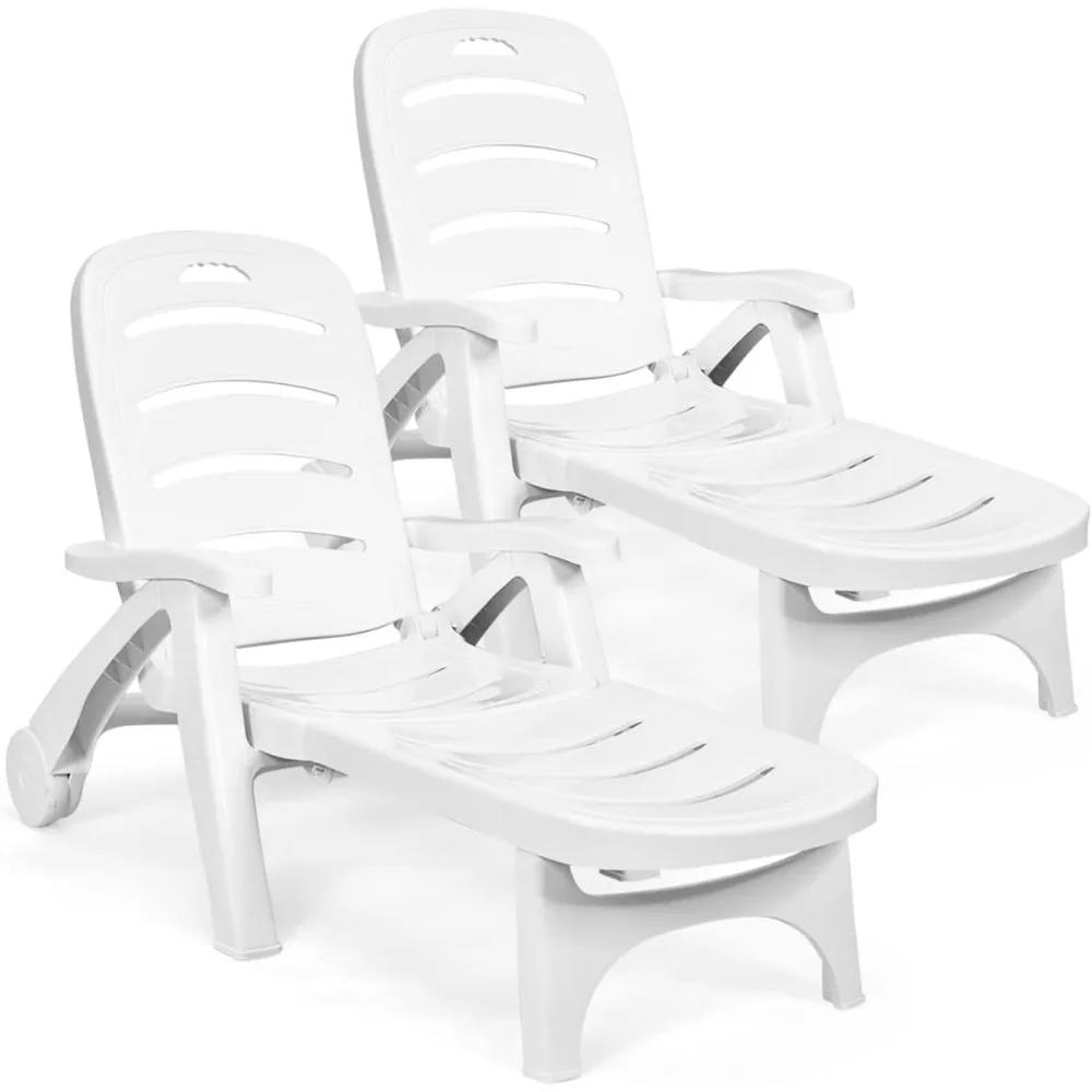 

Patio Chaise Lounge Chair, Folding Lounger Chair with 2 Flexible Wheels & 5 Adjustable Positions, Plastic Lounge Recliner for O