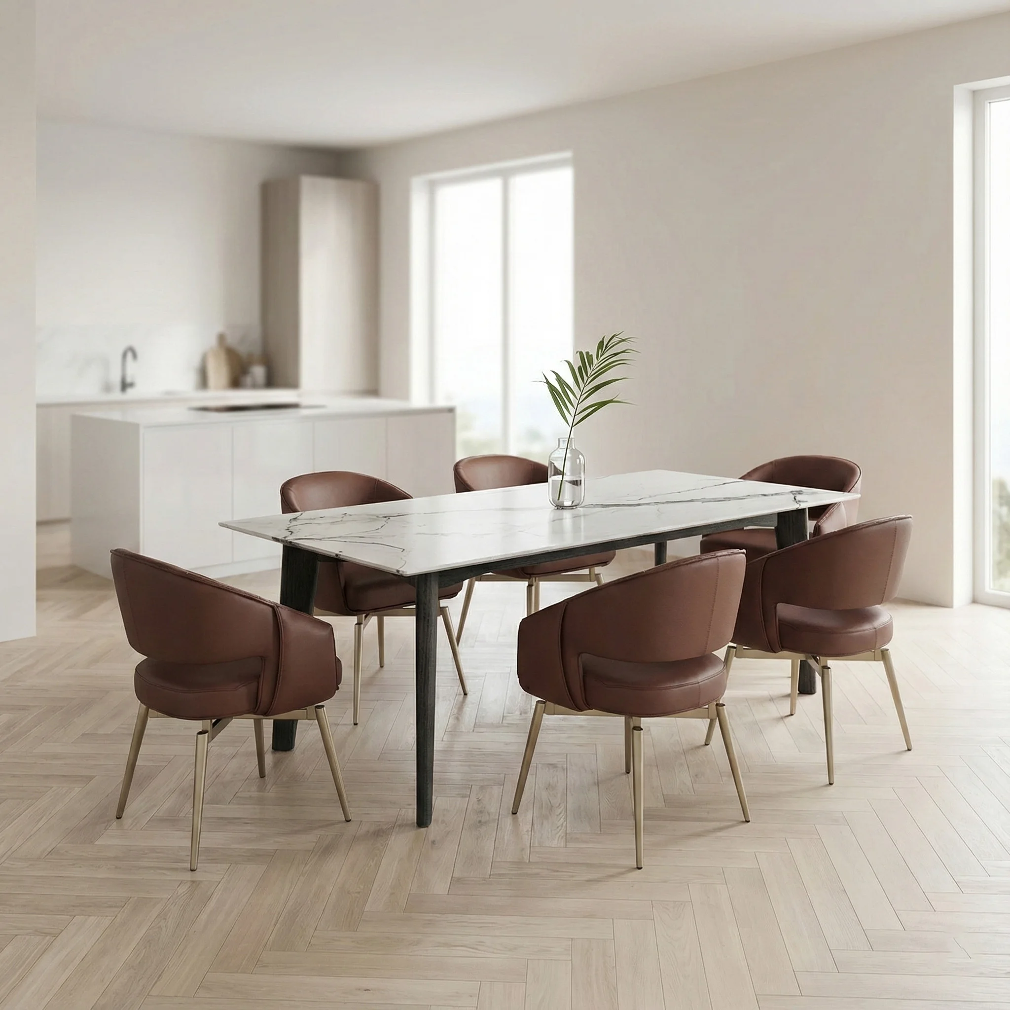 Modern Design Rectangular Marble Dining Table Set With 6 Leather Chairs For Restaurant Room