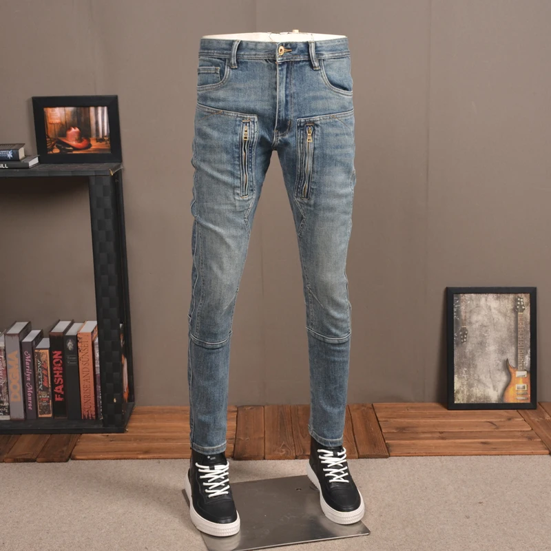 Streetwear Fashion Men Jeans Retro Blue Stretch Slim Ripped Jeans Men Trousers Zipper Designer Hip Hop Denim Biker Pants Hombre