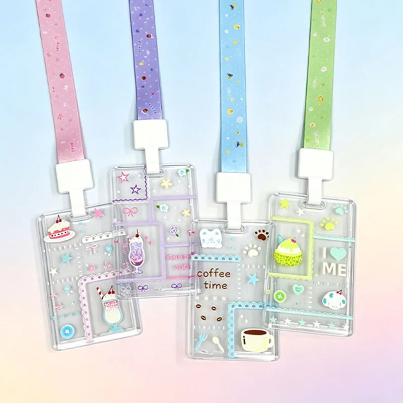3 in Ins Style Cute Dessert Transparent Acrylic Card Holder with Lanyard Photocard Sleeve Portable ID Card Case for Kpop Fans