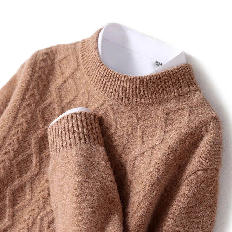 

High-end Men's Pure Wool Sweater O-neck Twist Flower Thick Pullover 100% Merino Wool Knitwear Autumn Winter Smart Casual Tops