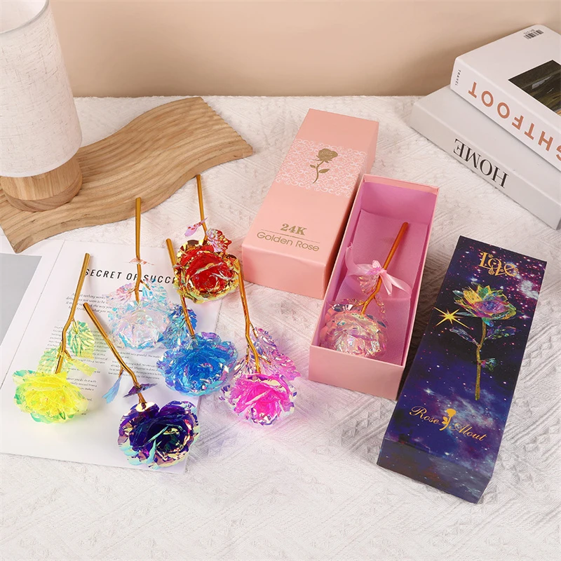 24k Colorful Rose Gilded Artificial Flower Gold Plated Single Rose Unique Valentine's Gifts For Girls With Gift Box Decoration