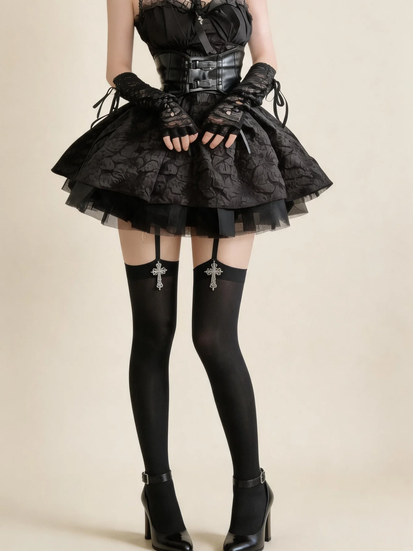 Women's Black Solid Thigh High Stockings with Metal Cross Decor & Suspender Straps, High-Stretch Skin-Friendly Socks for Gothic