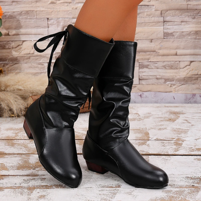 

Women Versatile Boots Mid Calf Rear Lacing Low Heeled Boots Chunky Heel Platform Boots Women Long Western Shoes Botas Mujer 2024