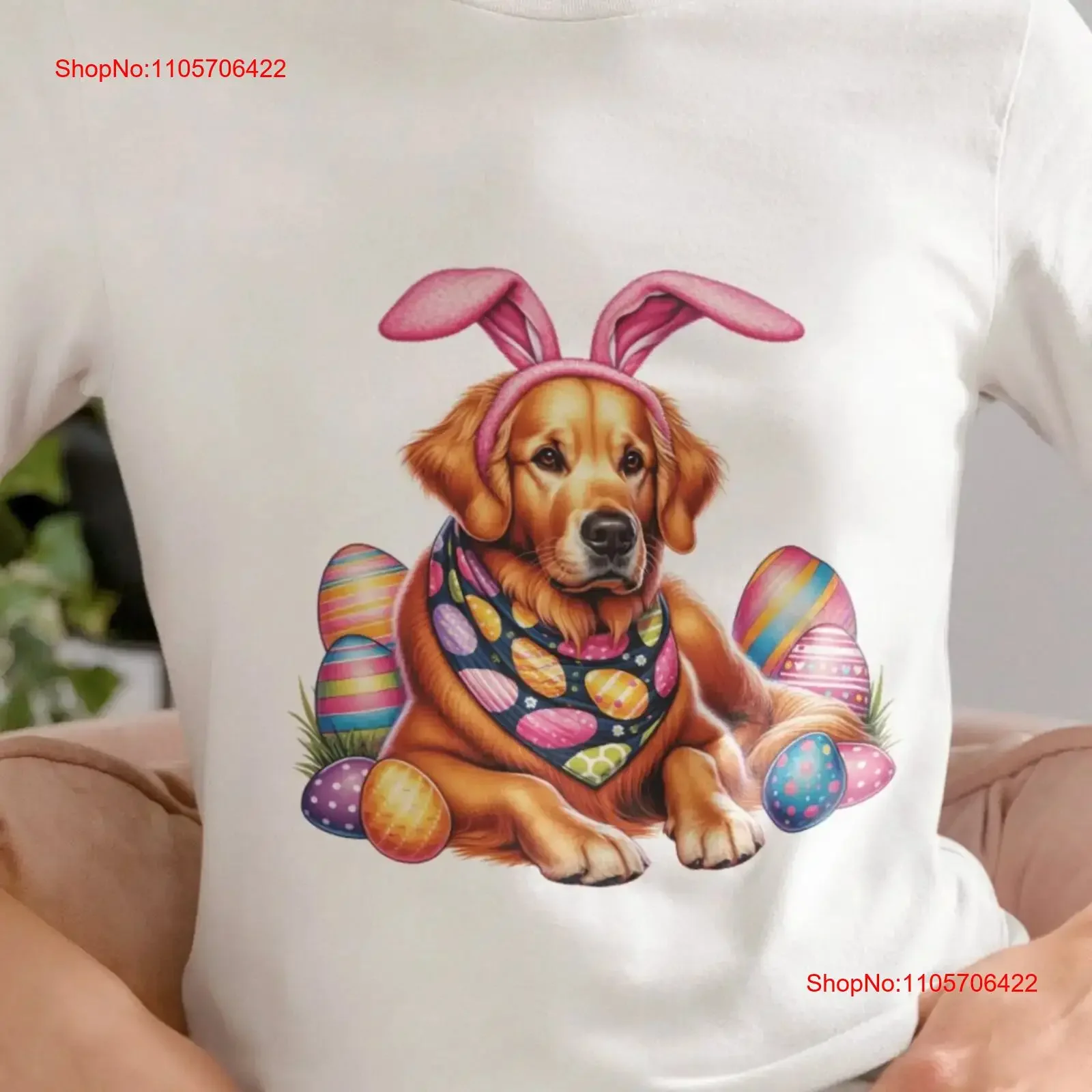 Easter Celebration T Shirt with Golden Retriever in Bunny Ears Festive Spring Top Colorful Egg Pattern Pet Lovers Idea vintage