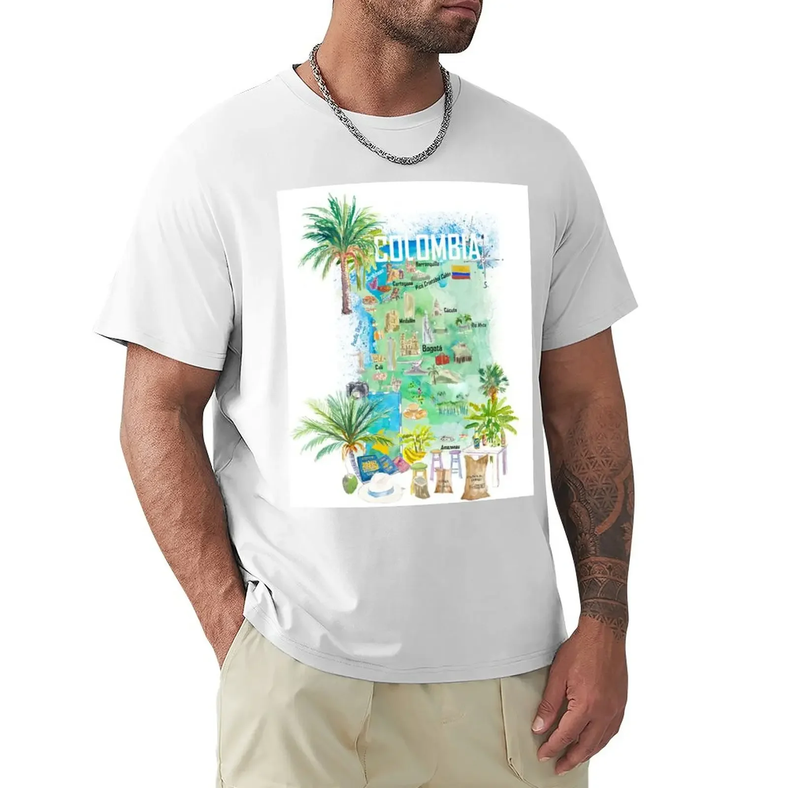 

Colombia Illustrated Travel Map With Tourist Attractions And Highlights T-shirt plus sizes aesthetic clothes tees Men's t shirts