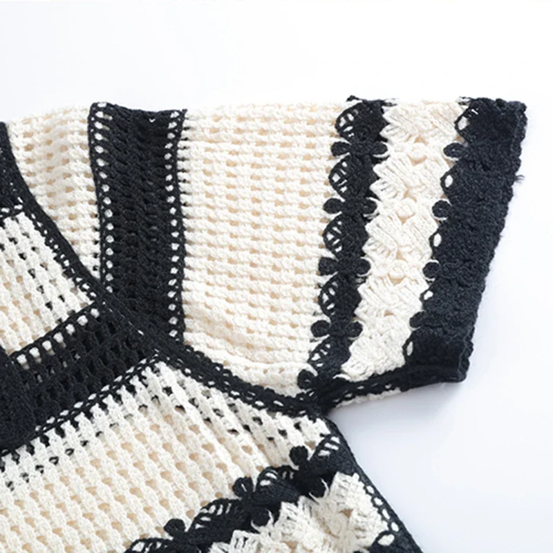 Striped Crochet Vest Top Collared Button-up Short Sleeve Sheer Crop Knit Top Cardigan Women Teengirl Fairycore Vintage Outfit