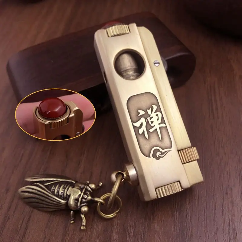 Brass Handmade Fluid Oil Lighter Red Agate and Cicada Decorative Collection Play Gift