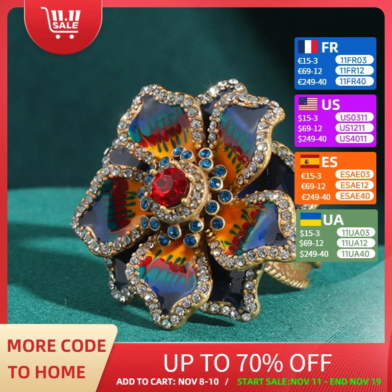 

Antique Gold Color Flower Ring Decoration Woman Floral Luxury Rhinestones Enamel Vintage Jewelry Designer Valentine Day Gift