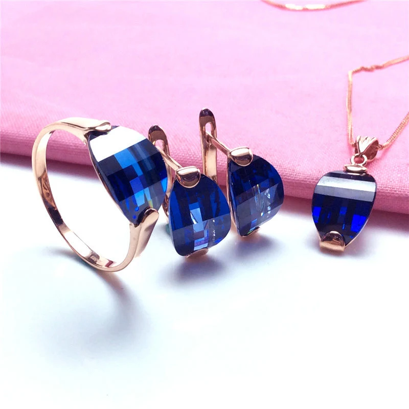 

585 purple gold fashion sapphire jewelry set 14k rose gold earrings for women necklace rings light luxury wedding jewelry gift