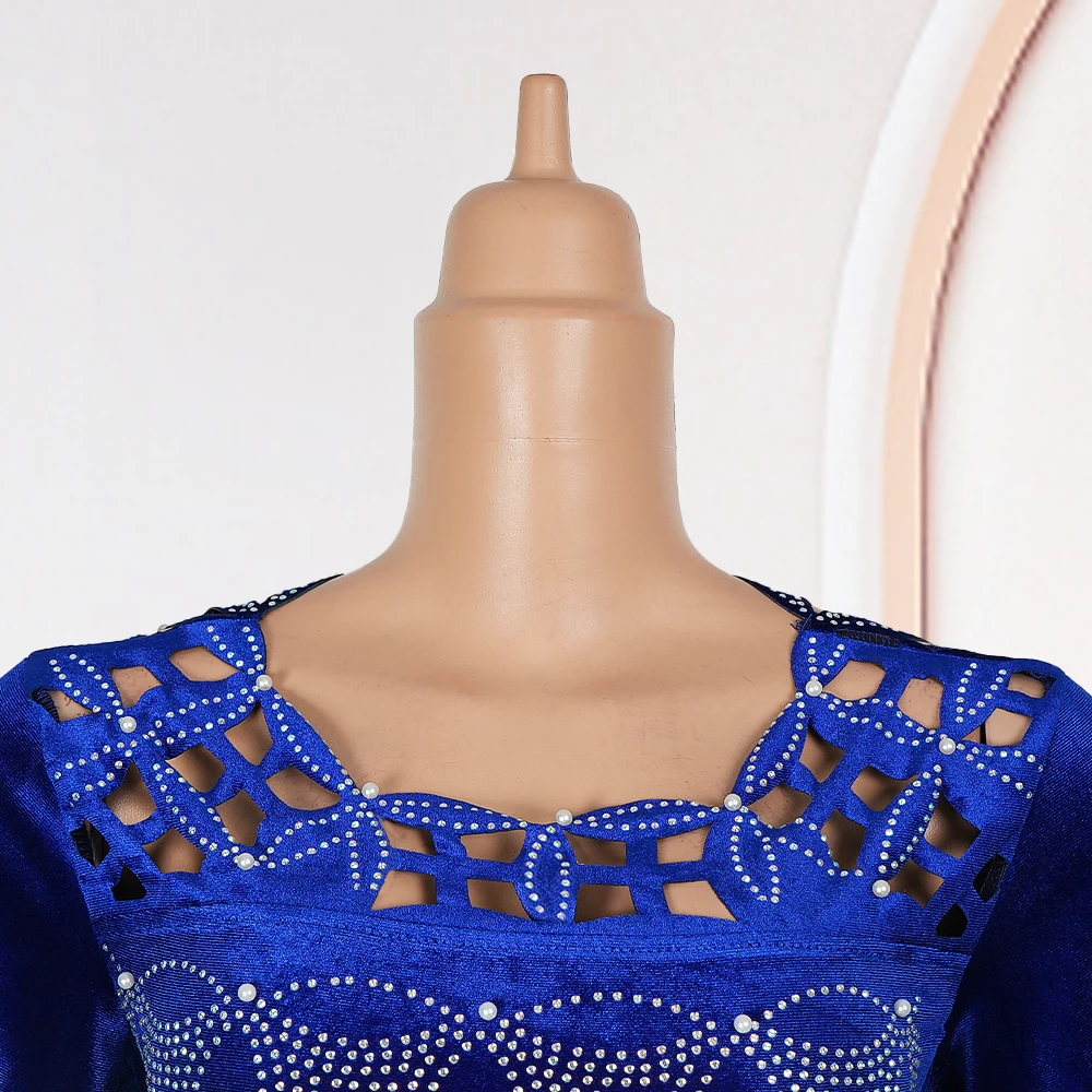 H&D 2025 Plus Size African Dress Women's Bule Fashion Velvet Wedding Party Dinner Gown Elegant Diamond Pearl Maxi Bubu Robe New