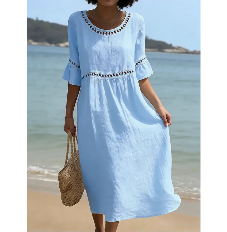 Hollow-out Solid Cotton Linen A-Line Dress Woman O Neck High Waist Loose Dresses Summer Flare Sleeve Beach Vacation Dress