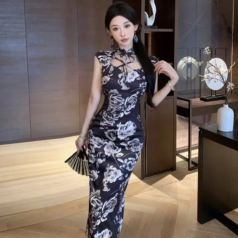 

Элегантное черное женское платье Ципао в винтажном китайском стиле с принтом Cheongsam, новые платья в китайском стиле, длинные платья, летнее Ципао