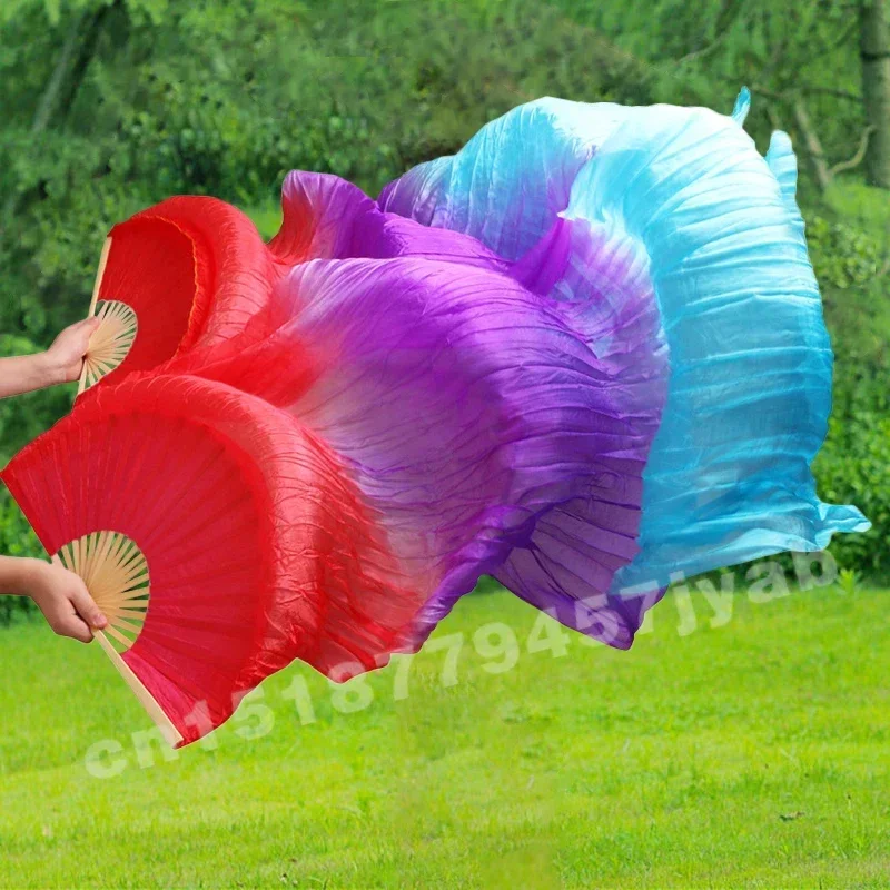 1 para prawdziwych jedwabnych wachlarzy, długie, z gradientem kolorów, do tańca brzucha, chińskie wachlarze taneczne, klasyczny rozmiar, rekwizyty do tańca weselnego, długie jedwabne wachlarze