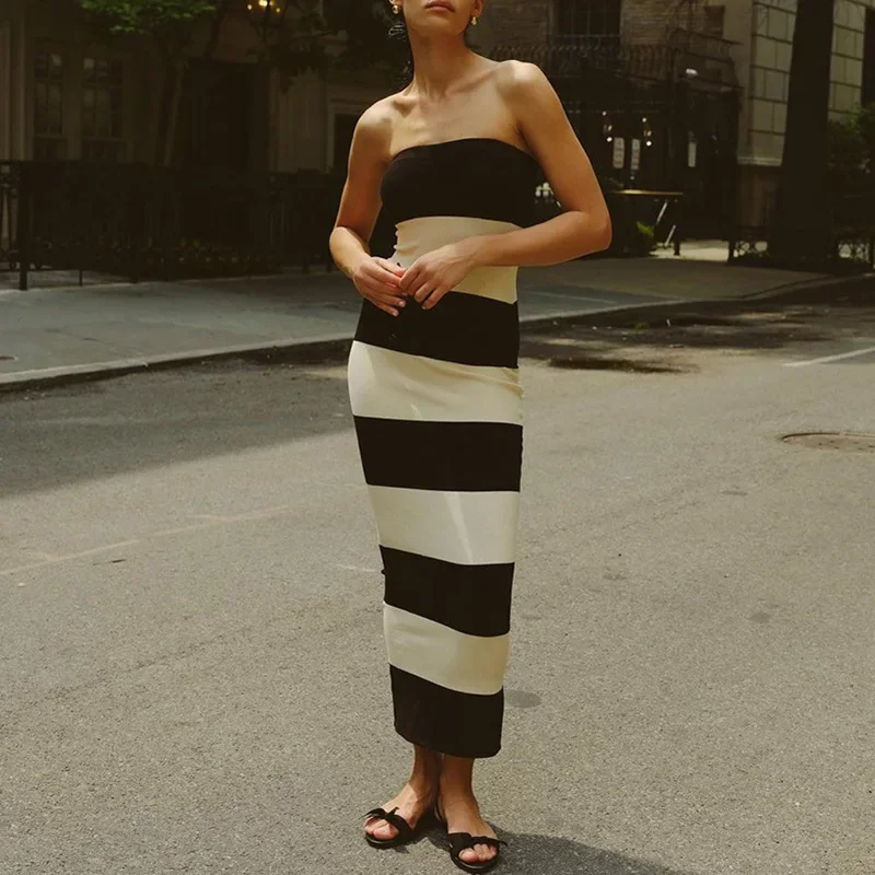 

LIBIELIY Women Sexy Backless Summer Dresses Elegant Strapless Sleeveless Slim Long Dress Fashion Color Blocked Striped Print Pa