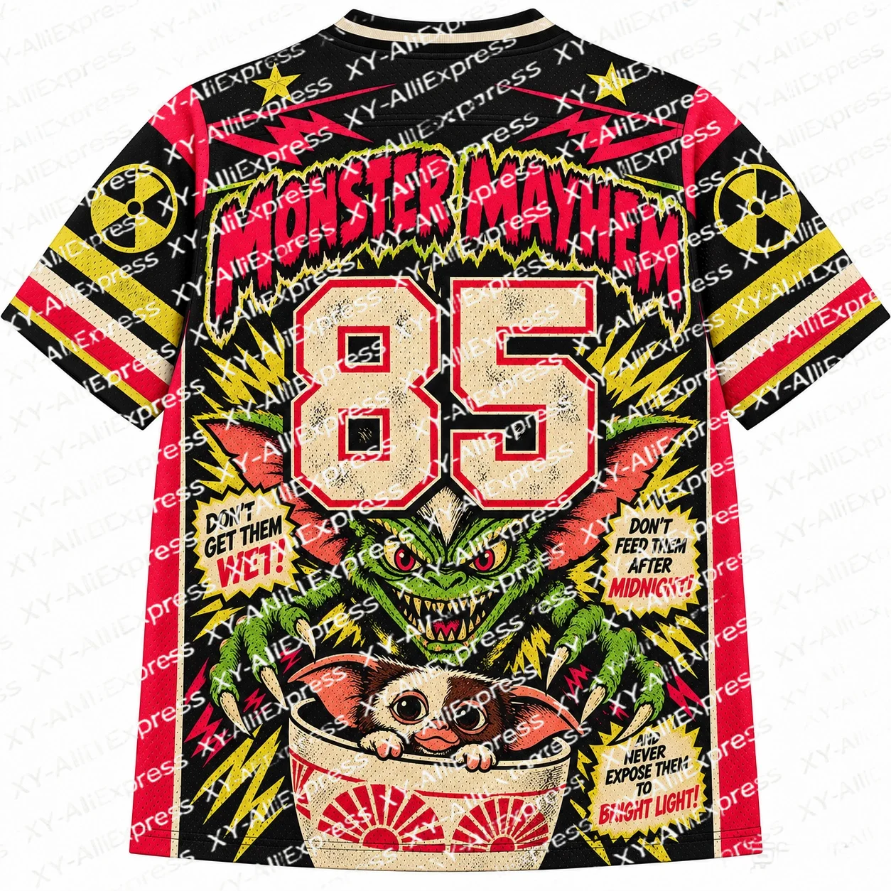 Vintage Monster Print Jersey, Worn Texture, Twin Creature Graphics with Burst Lettering, Retro Comic Vibe for Print Art Fans.