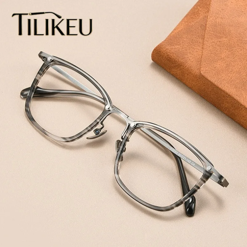 

Japanese Handmade Ultralight Titanium Glasses Frame Trendy Stripes Gray Acetate Retro Square Men Eyeglasses Frame Luxury Eyewear