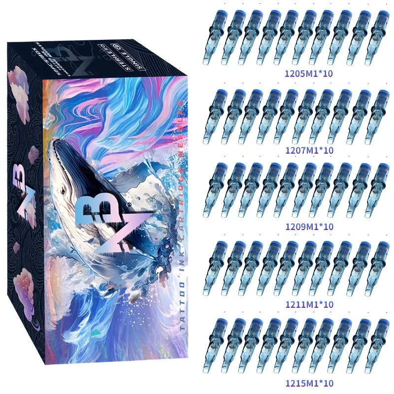 

50 шт./компл. иглы для тату-картриджей с синим китом, 1205M1/1207M1/1209M1/1211M1/1215M1, одноразовые иглы для татуировок разных размеров, стандартный круглый лайнер, подходят для татуиростков и начинающих по боди-арт-дизайна.