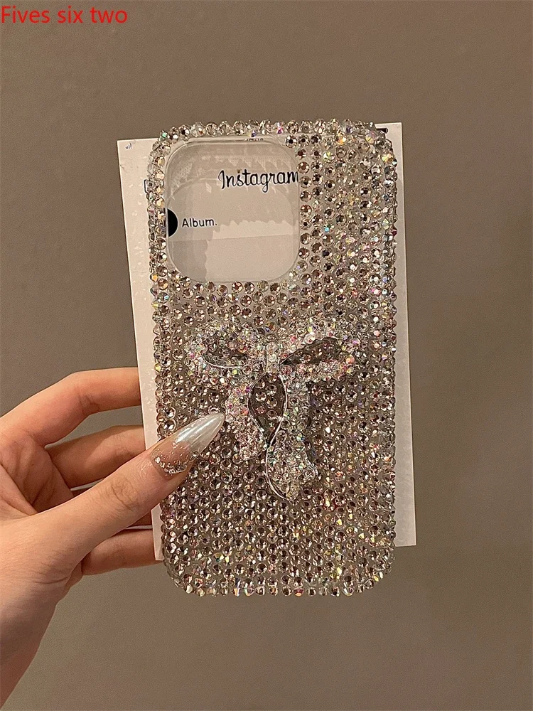 Luxury Fashion Full Bling Crystal Diamond Big Bow Phone Case For iPhone 16 Pro Max Case 15 14 13 12 11 X XS XR Shockproof Cover