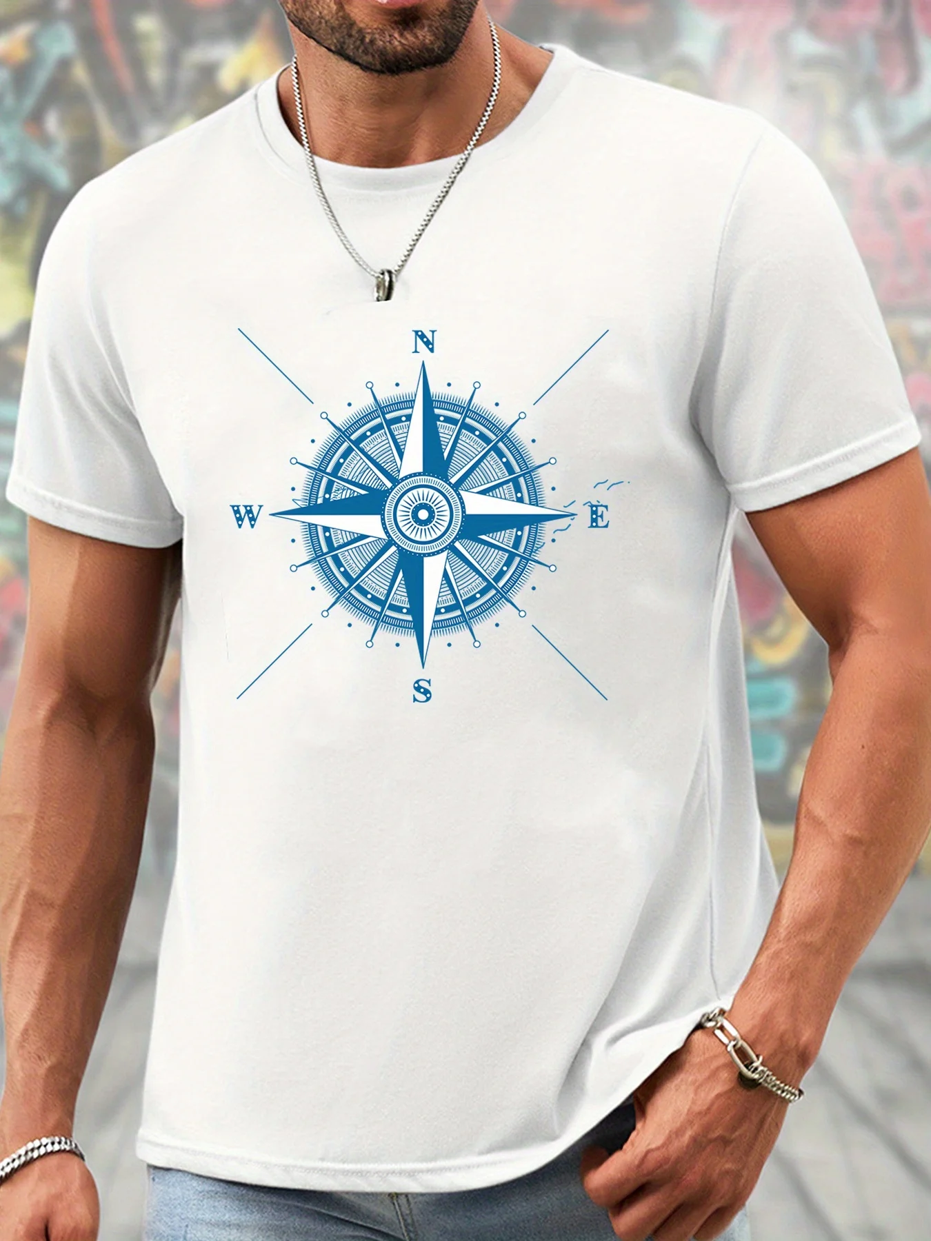 

T-Shirt with Blue Compass Print, Breathable Summer Top, Regular Fit, Crew Neck, Machine Washable, Suitable for Everyday Outdoor Wear, Versatile, Fashionable, Non-See-Through Material, Pure Cotton Muscle Shirt, Holiday Gift