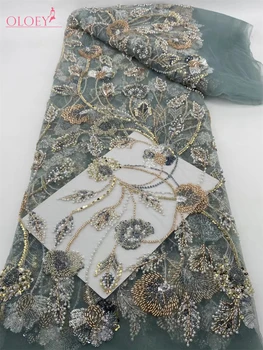 2024 ultima vendita calda moda Africa tessuto di pizzo pizzo ricamo fatto a mano di alta qualità con perline paillettes partito per abito da sposa