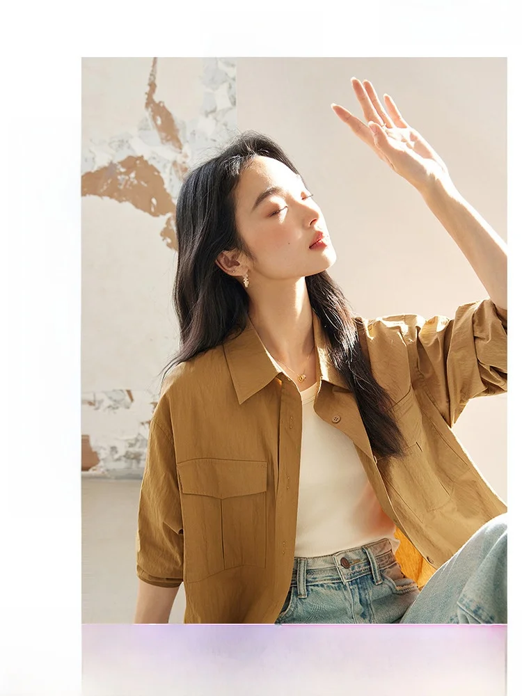 

Casual Brown Long Sleeve Shirt Women's Spring 2026 Slimming Design Small Shoulder Drop down Shirt Cotton Nylon Blend Straight...