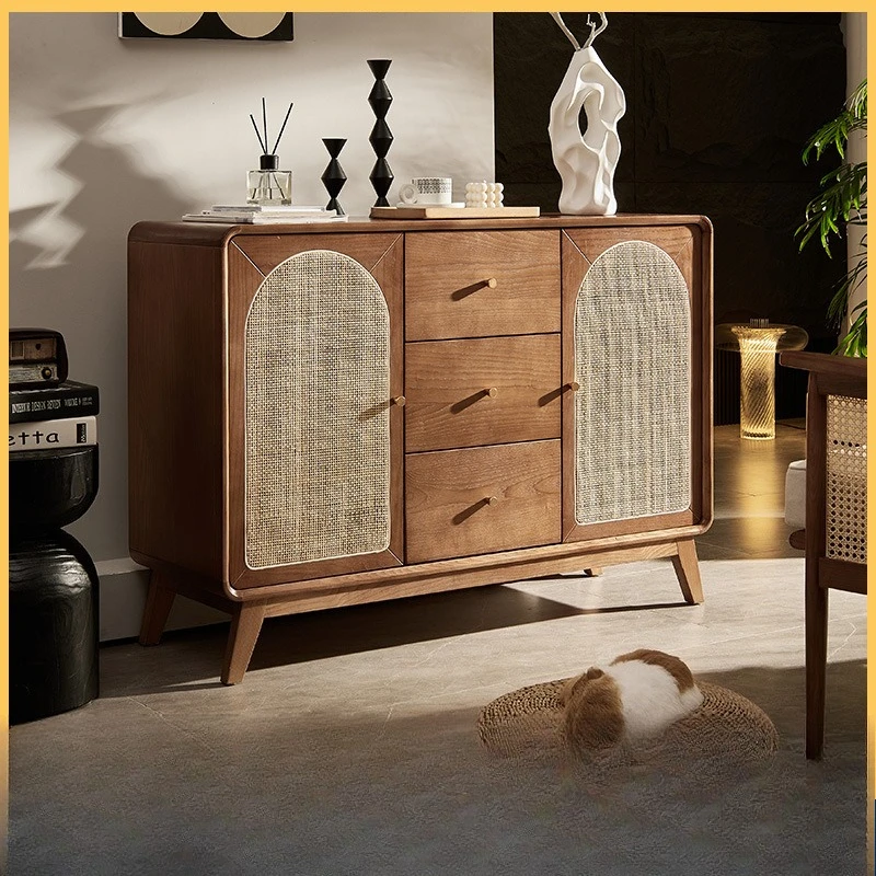 

Retro solid wood dining side cabinet small apartment living room simple rattan locker walnut color household storage cabinet