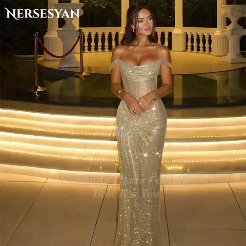 Nersesyan Mermaid Glitter Luxury Evening Dresses Off Shoulder Draped Sequins Formal Dress Backless Sparkly Party Gown Customized