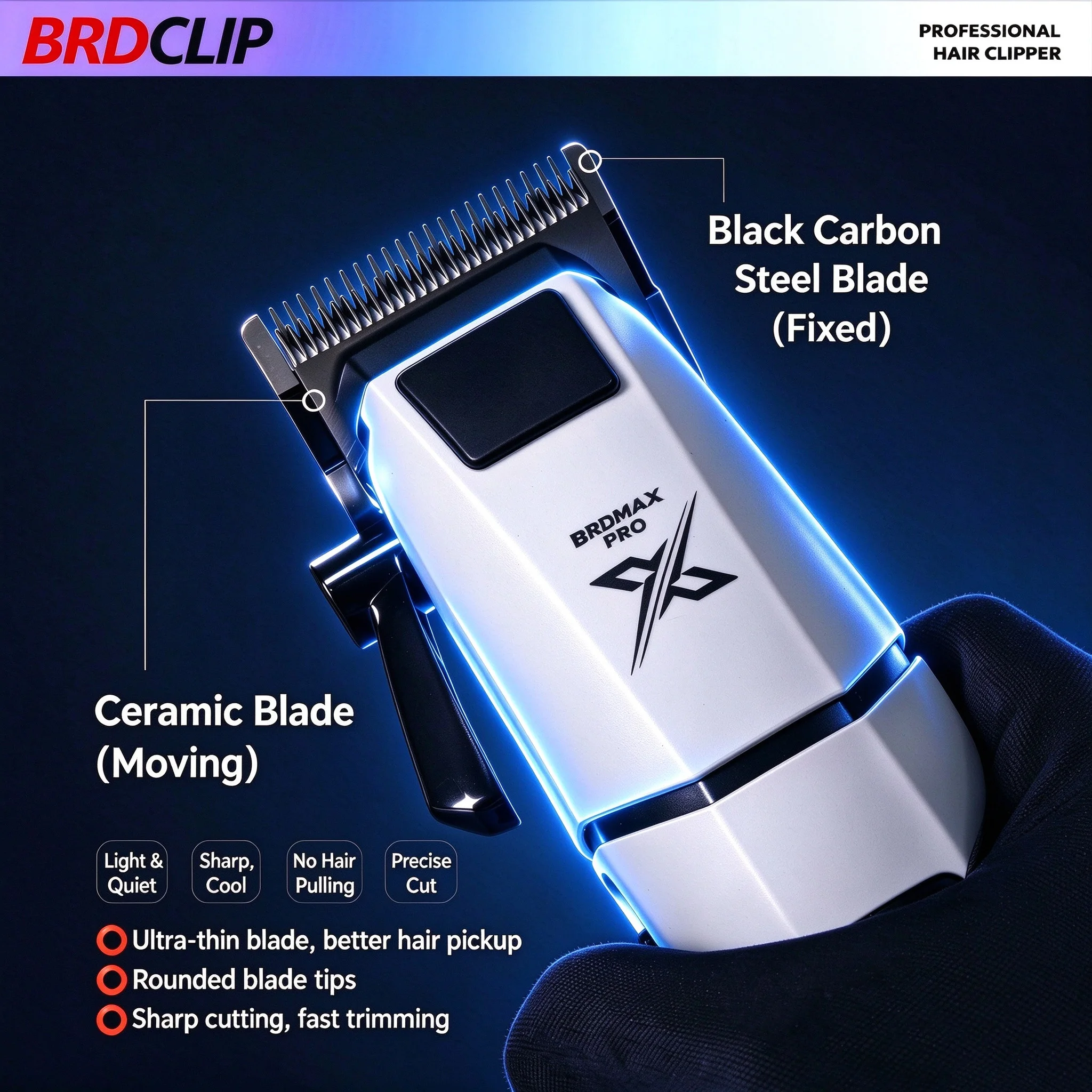 BRDCLIP Weißer Profi-Haarschneider für Friseursalons, 8000 U/min, Geräuscharme Keramikklinge, Herren-Haarschneidemaschine – Detail 4