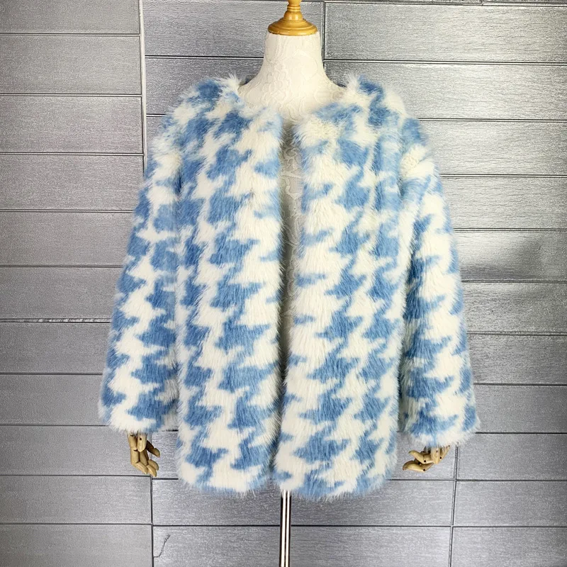 Female Fashion DOG TOOTH Short Faux Fur Jacket Lady Shaggy Outerwear Women's Coat Factory Direct Sales