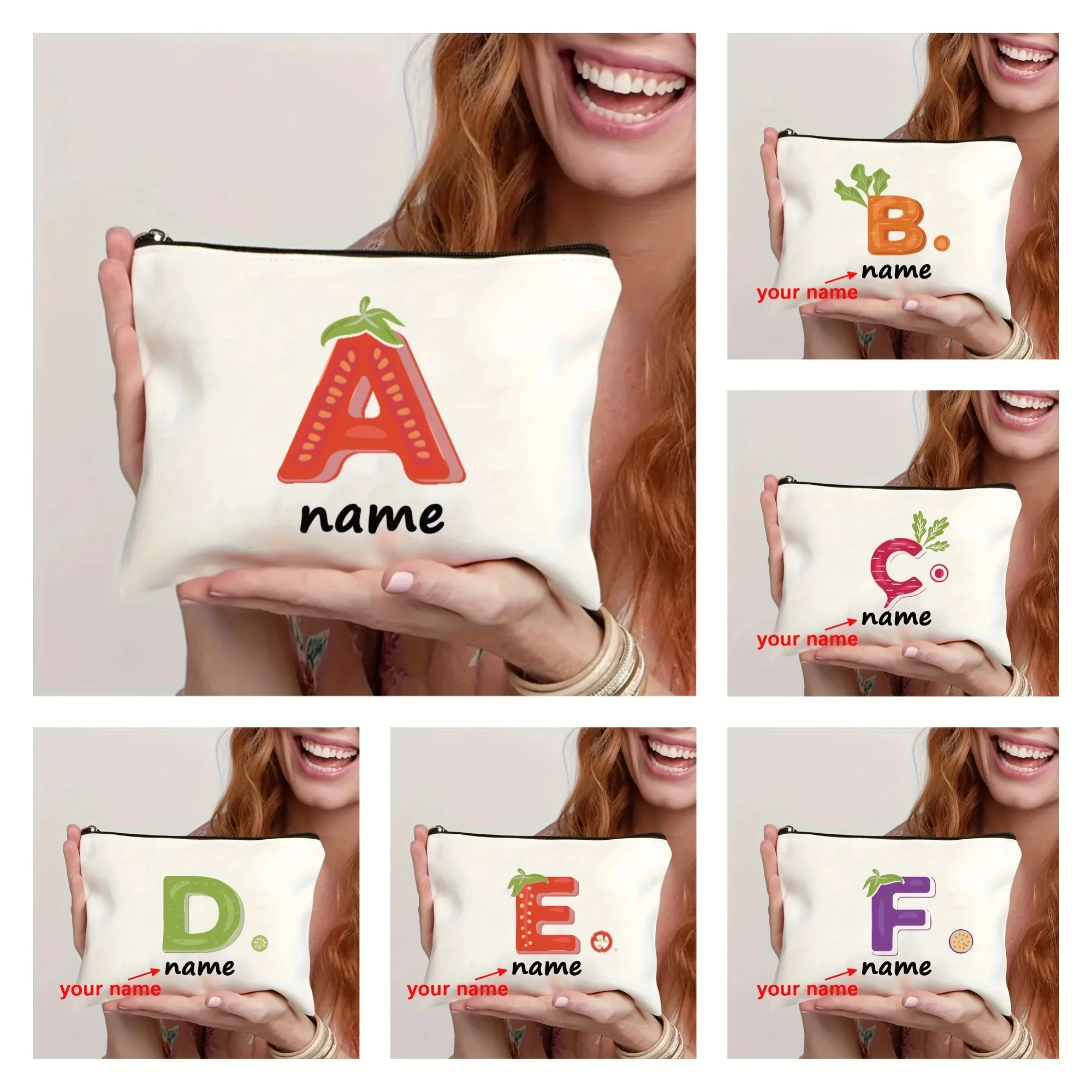 Personalized Vegetable Alphabet Initial Canvas Cosmetic Bag Custom Name Makeup Pouch for Mother Daughter Friend Teacher Gifts