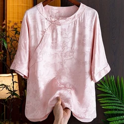 2024 New Summer Retro Chinese Style Fashion Minimalist Loose Half Sleeve Blouses Round Neck Solid Color Button Women's Shirt Top