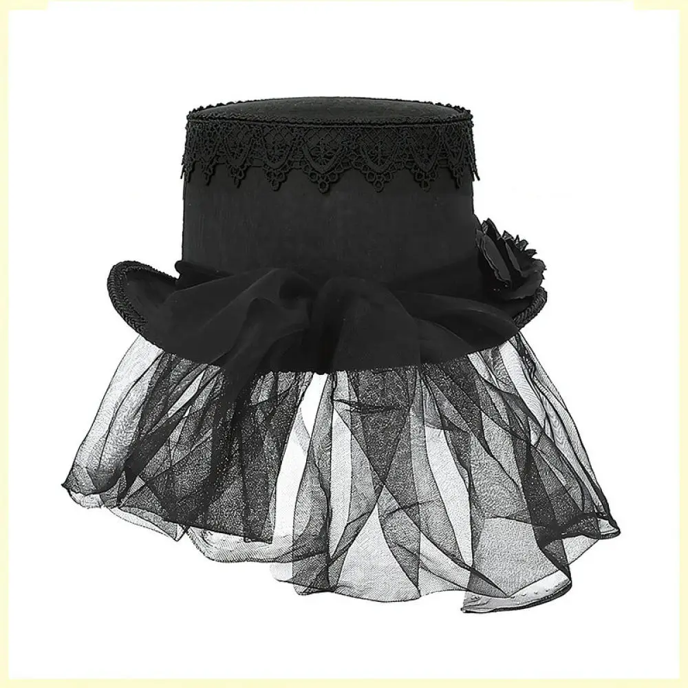 Victorian Gothic Top Hat Black Lace Cameo Portrait Pearl Accessory Dark Style Headdress For Theme Party Cosplay