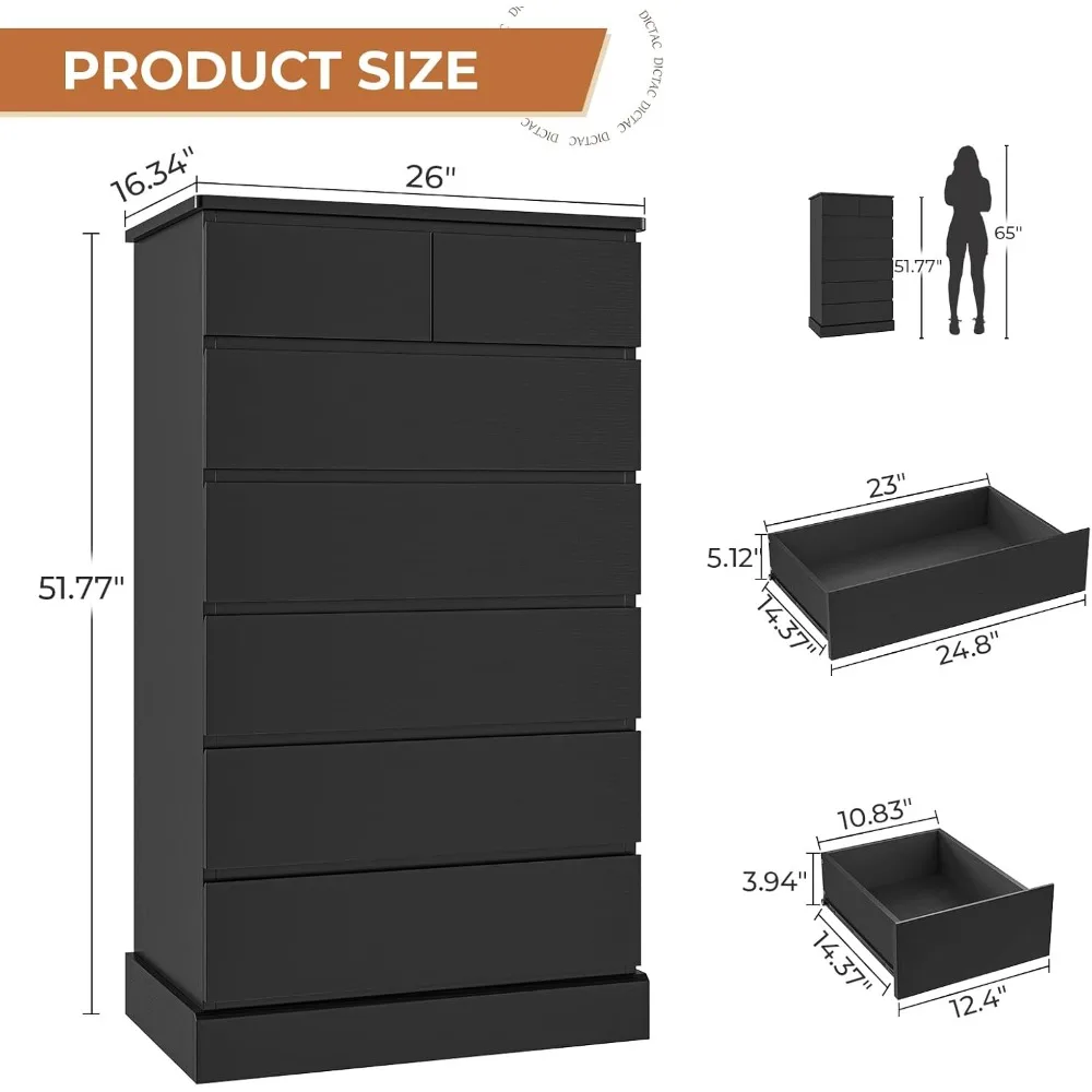 Modern 7-Drawer Tall Dresser for Bedroom, 51.8 Height, Wood Closet Organizer, Sleek Design
