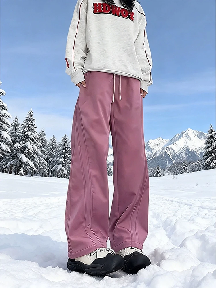 Pink Northeast Zero Degree Fleece Lined Ski Pants Men's Winter Cold Proof Outdoor Mountain Climbing Windproof Straight Leg Tr...