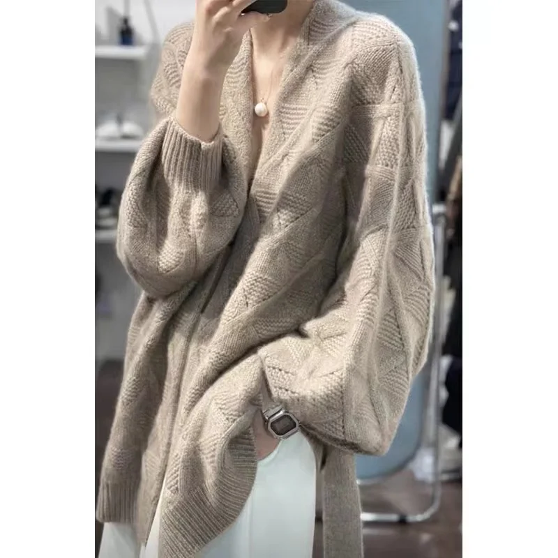 Long Cashmere Cardigan Coat for Women, Thick Knitted Sweater, Loose and Slim, Diamond Design, Autumn and Winter, New