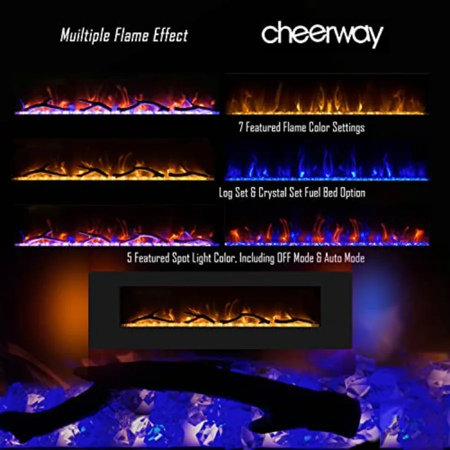 مدفأة كهربائية مقاس 50 بوصة مع مكبر صوت بلوتوث، سخان مدفأة مثبت على الحائط يتميز بـ 5 مصابيح سبوت و7 إعدادات لهب