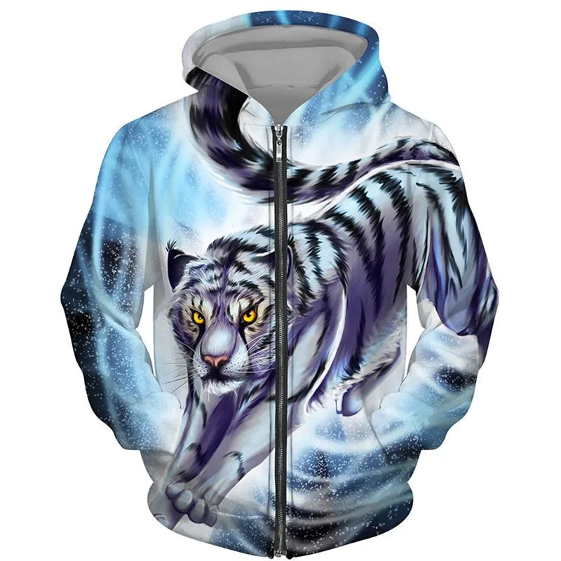 Fashion Tiger Lion 3D Printed Hoodie Men's Fashion Sportswear with Zipper Animal Pattern Sportswear Street Coat