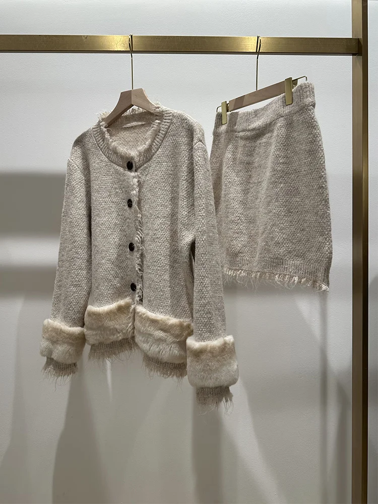 New Autumn Knitted Sweater Real Fox Fur Stripe Pullover With Skirt Suit Loose Coat Outwear Female Luxury Jacket - view 2